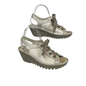 Fly London Womens‎ White Silver Perforated Leather Yuta Wedge Sandals Size 39
